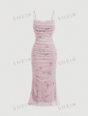 Floral Print Ruched Mesh Cami Long Dress