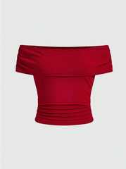 Solid Color Off-Shoulder Ruffle Slim Fit Top